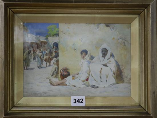 Joseph Kirkpatrick, watercolour, street scene Tangiers 1902, signed and dated 16 x 24cm